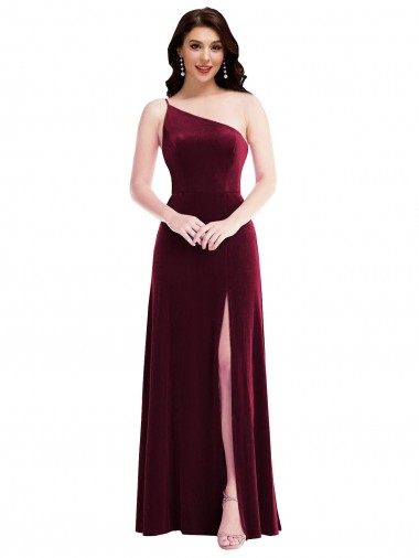Borgoña Trompeta Un Hombre Terciopelo Elástico Largo Vestidos de dama de honor / Vestidos de fiesta Venta