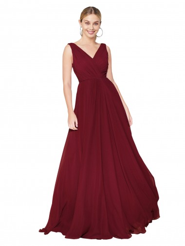 Borgoña línea A Cuello en V Cuello Alto Gasa Largo Formales Vestidos de dama de honor / Vestidos de fiesta Venta