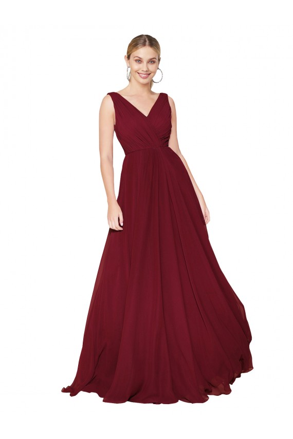 Compra Borgoña línea A Cuello en V Cuello Alto Gasa Largo Formales Vestidos de dama de honor / Vestidos de fiesta