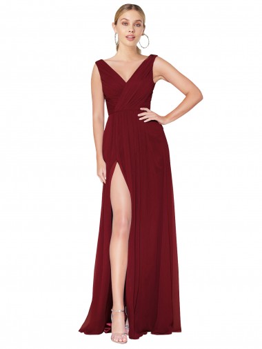 Borgoña línea A Cuello en V Cuello Alto Gasa Largo Formales Vestidos de dama de honor / Vestidos de fiesta Venta