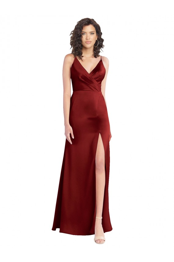 Compra Borgoña línea A Cuello en V Satén elástico Largo Formales Vestidos de dama de honor / Vestidos de fiesta