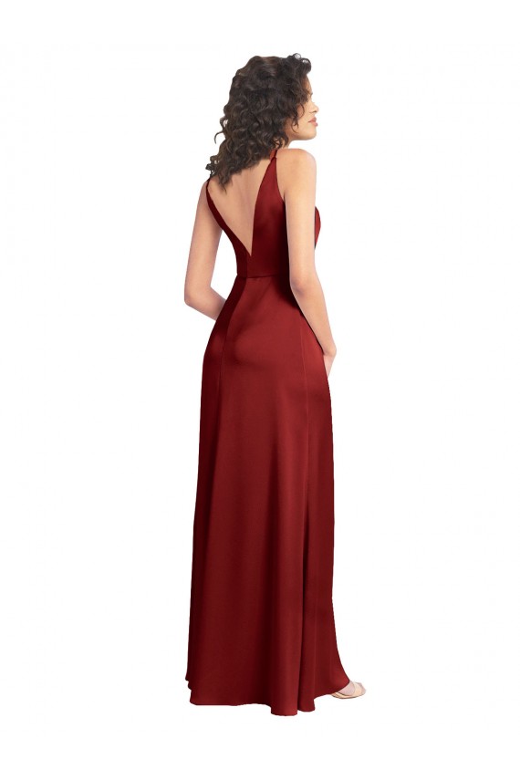 Compra Borgoña línea A Cuello en V Satén elástico Largo Formales Vestidos de dama de honor / Vestidos de fiesta