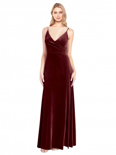 Borgoña línea A Cuello en V Terciopelo Elástico Largo Vestidos de dama de honor / Vestidos de fiesta Venta