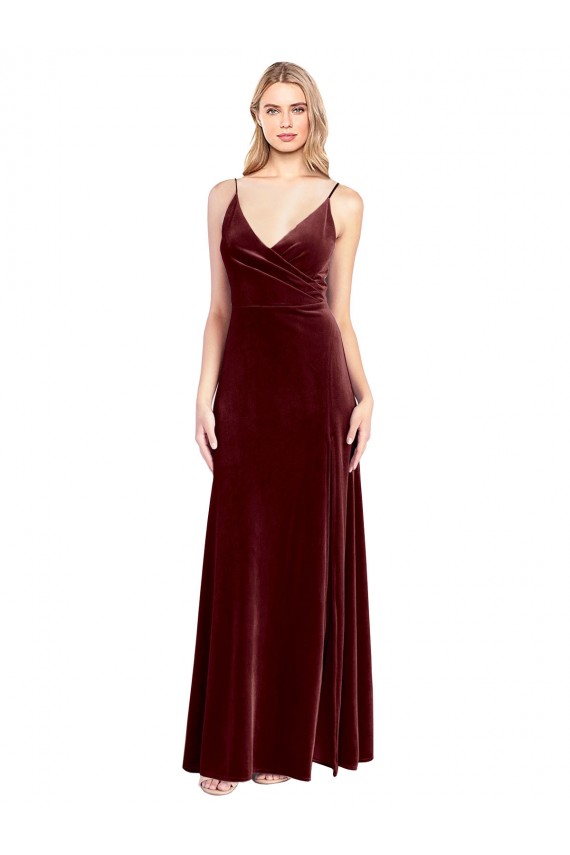 Compra Borgoña línea A Cuello en V Terciopelo Elástico Largo Vestidos de dama de honor / Vestidos de fiesta
