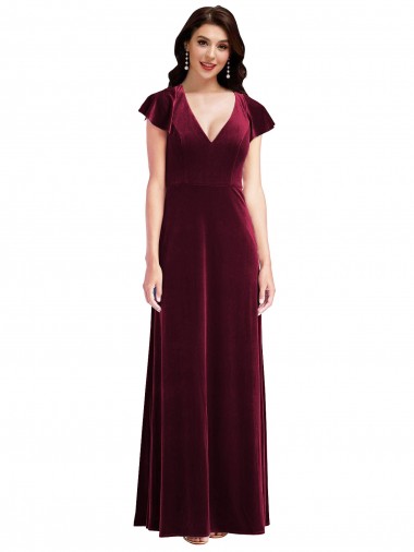 Borgoña línea A Cuello en V Terciopelo Elástico Largo Vestidos de dama de honor / Vestidos de fiesta Venta