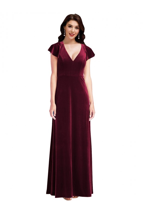 Compra Borgoña línea A Cuello en V Terciopelo Elástico Largo Vestidos de dama de honor / Vestidos de fiesta