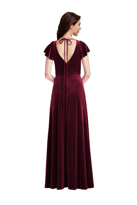 Compra Borgoña línea A Cuello en V Terciopelo Elástico Largo Vestidos de dama de honor / Vestidos de fiesta