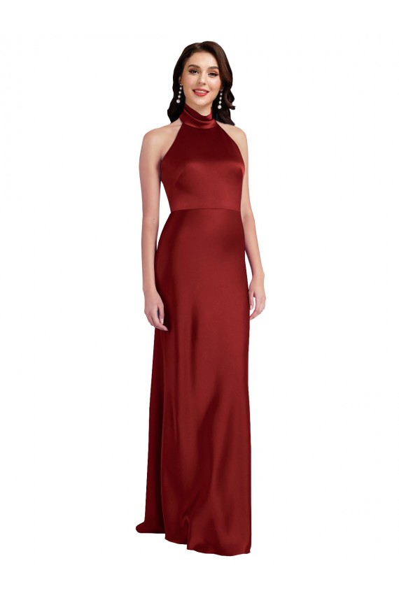Compra Borgoña línea A Halter Satén elástico Largo Formales Vestidos de dama de honor / Vestidos de fiesta