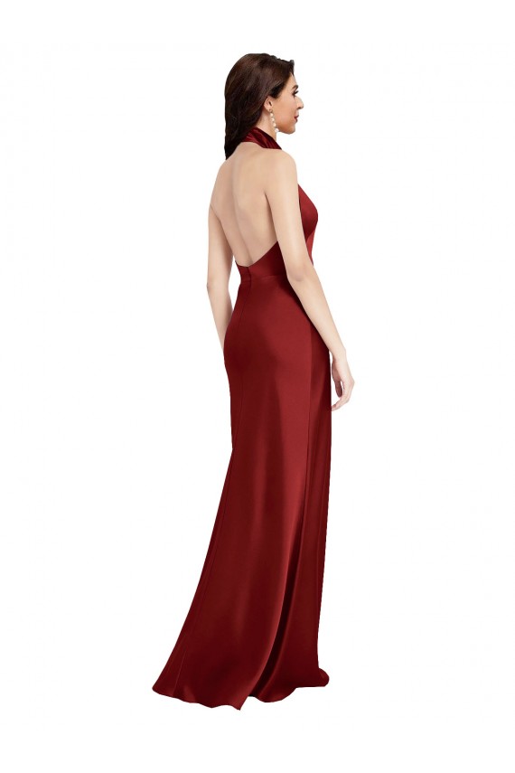 Compra Borgoña línea A Halter Satén elástico Largo Formales Vestidos de dama de honor / Vestidos de fiesta