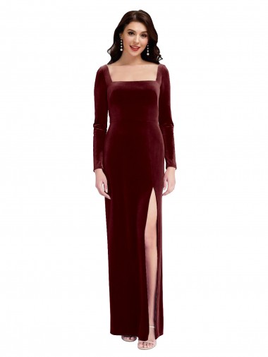 Borgoña línea A Tirantes espagueti Cuadrado Terciopelo Elástico Largo Vestidos de dama de honor / Vestidos de fiesta Venta
