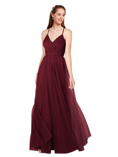 Borgoña línea A Tirantes espagueti Cuello en V Cuello de Corazón Tul Largo Vestidos de dama de honor Venta
