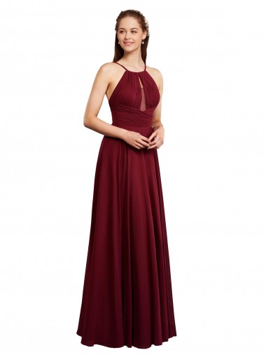Borgoña línea A Tirantes espagueti Halter Gasa Largo Vestidos de dama de honor Venta