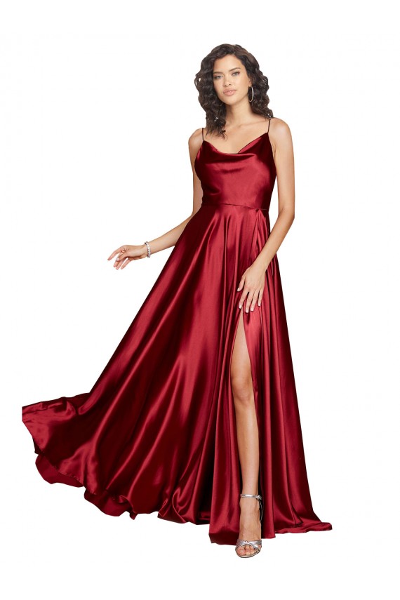 Compra Borgoña línea A Tirantes espagueti Satén sedoso Largo Formales Vestidos de dama de honor / Vestidos de fiesta