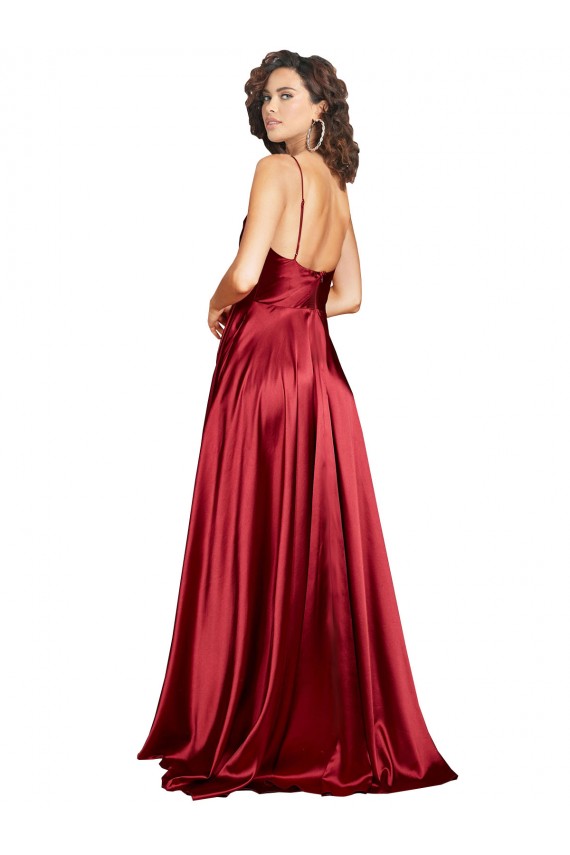 Compra Borgoña línea A Tirantes espagueti Satén sedoso Largo Formales Vestidos de dama de honor / Vestidos de fiesta