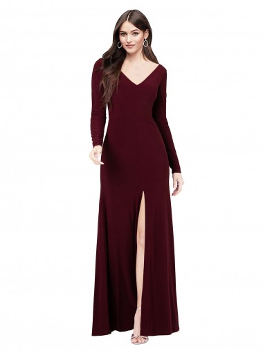 Borgoña oscuro Cubierta Cuello en V Spandex Largo Vestidos de dama de honor / Vestidos de fiesta Venta