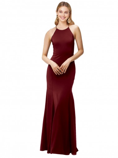 Borgoña oscuro Sirena Halter Cuello Alto Crepé Elástico Largo Formales Vestidos de dama de honor / Vestidos de fiesta Venta
