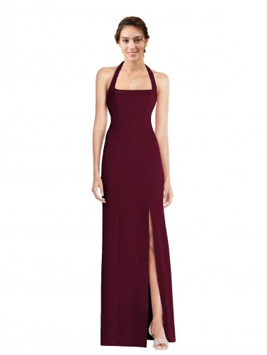 Borgoña oscuro Trompeta Halter Crepé Elástico Largo Vestidos de dama de honor / Vestidos de fiesta Venta