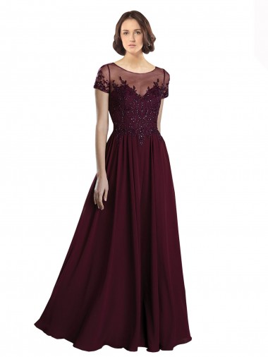Borgoña oscuro línea A Cuello joya Tul Gasa Largo Vestidos de dama de honor Venta
