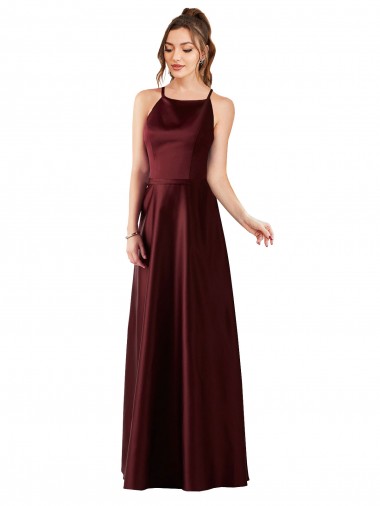 Borgoña oscuro línea A Halter Satén Largo Vestidos de dama de honor / Vestidos de fiesta Venta