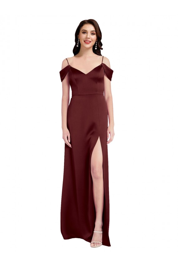 Compra Borgoña oscuro línea A Hombros Descubiertos Cuello en V Satén elástico Largo Formales Vestidos de dama de honor / Vestidos de fiesta