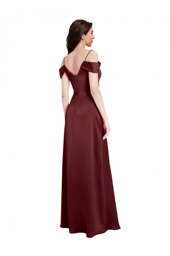 Compra Borgoña oscuro línea A Hombros Descubiertos Cuello en V Satén elástico Largo Formales Vestidos de dama de honor / Vestidos de fiesta