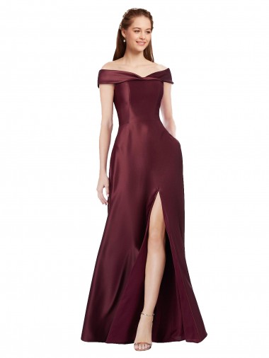 Borgoña oscuro línea A Hombros Descubiertos Sin tirantes Satén Largo Formales Vestidos de dama de honor / Vestidos de fiesta Venta
