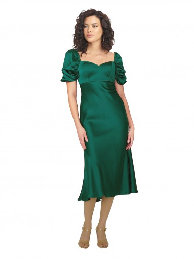 Cazador Verde línea A Cuello de Corazón Midi Satén sedoso Corto Formales Vestidos de dama de honor / Vestidos de fiesta Venta