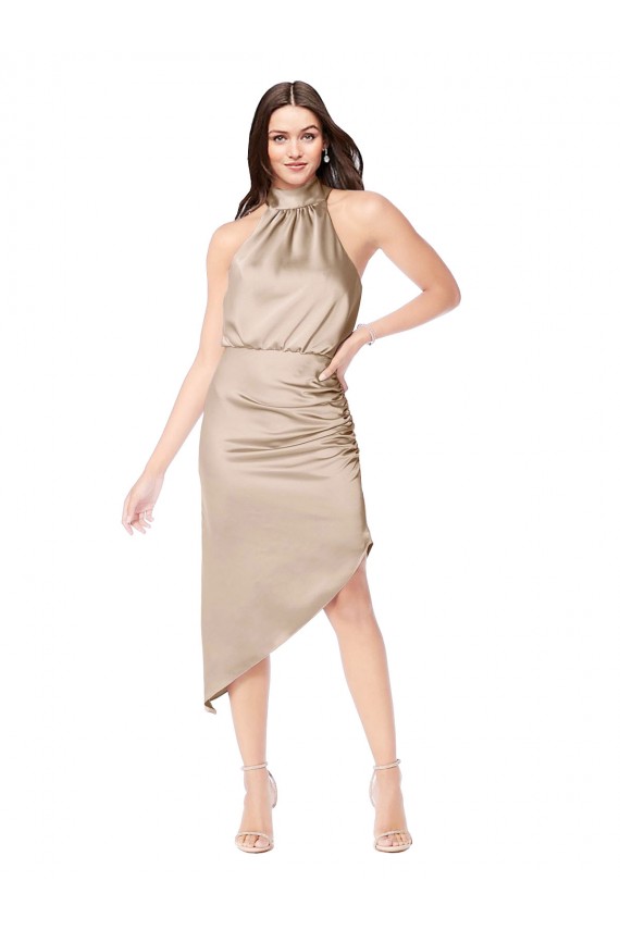 Compra Champán Rosa línea A Halter Midi Satén sedoso Corto Asimétrico Vestidos de dama de honor / Vestidos de fiesta / Vestidos de cóctel / Vestidos para homecoming