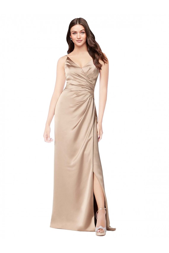 Compra Champán Rosa línea A Tirantes espagueti Cuello en V Satén sedoso Largo Formales Vestidos de dama de honor / Vestidos de fiesta