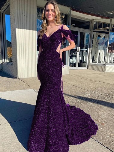 Ciruela Cubierta Tirantes espagueti Cuello en V Cola corte Lentejuelas Terciopelo Largo Vestidos de fiesta Venta