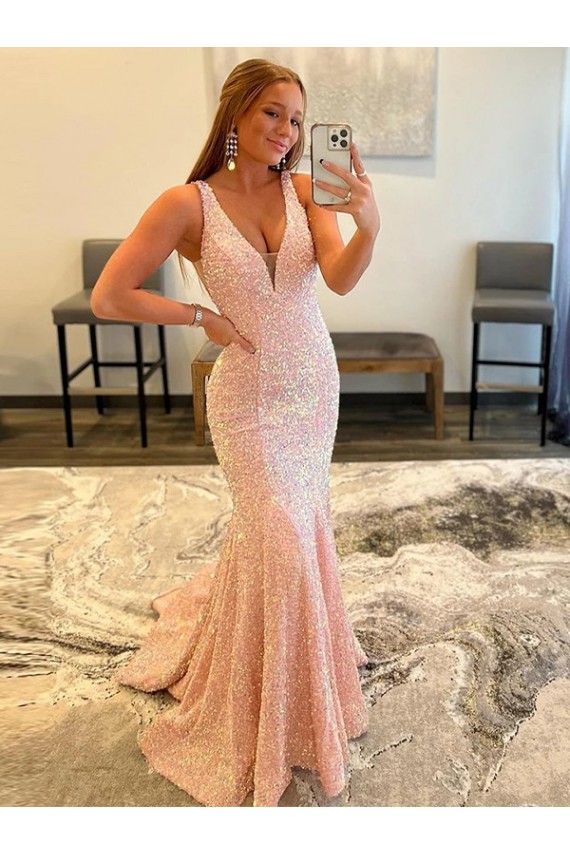 Compra Color mostrado Cubierta Cuello en V Barrer tren Lentejuelas Terciopelo Largo Vestidos de fiesta