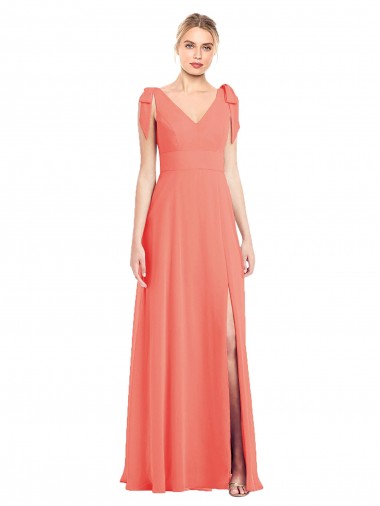Coral Trompeta Cuello en V Gasa Largo Vestidos de dama de honor Venta