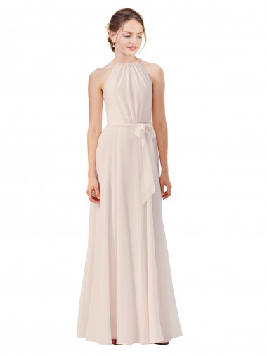 Crema Rosa línea A Barco Cuello Alto Gasa Largo Vestidos de dama de honor Venta