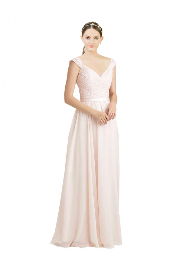 Compra Crema Rosa línea A Cuello de Corazón Gasa Encaje Largo Vestidos de dama de honor