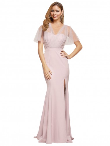 Cubierta Un Hombre Cuello de Corazón Crepé Elástico Tul Largo Formales Vestidos de dama de honor / Vestidos de fiesta Venta