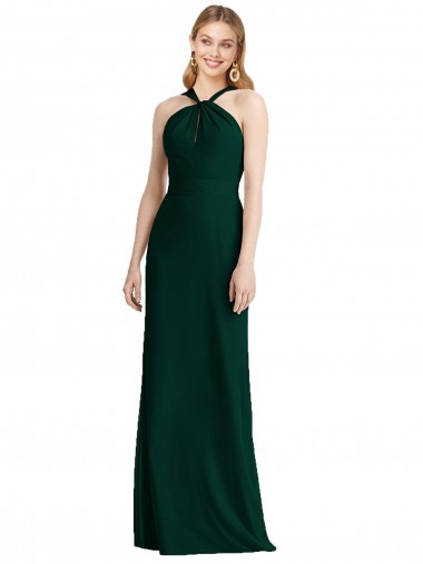 Evergreen Trompeta Halter Gasa Largo Vestidos de dama de honor Venta