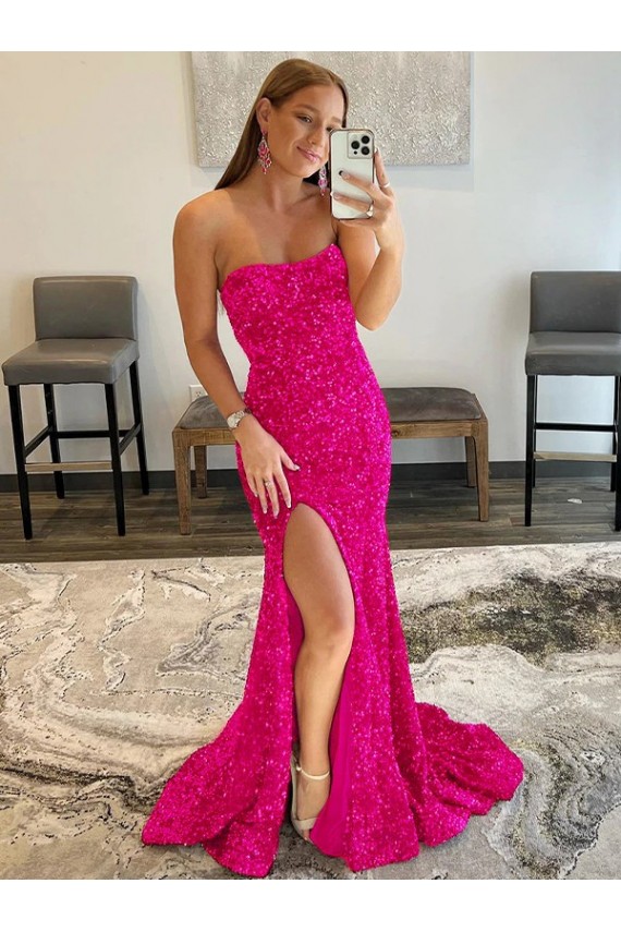Compra Fucsia Cubierta Sin tirantes Barrer tren Lentejuelas Terciopelo Largo Vestidos de fiesta