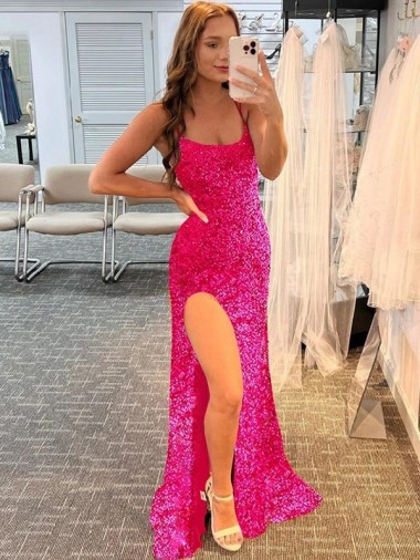 Fucsia Cubierta Tirantes espagueti Barrer tren Lentejuelas Terciopelo Largo Vestidos de fiesta Venta
