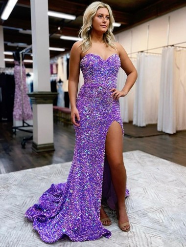 Lavanda línea A Cuello de Corazón Cola corte Lentejuelas Terciopelo Largo Vestidos de fiesta Venta