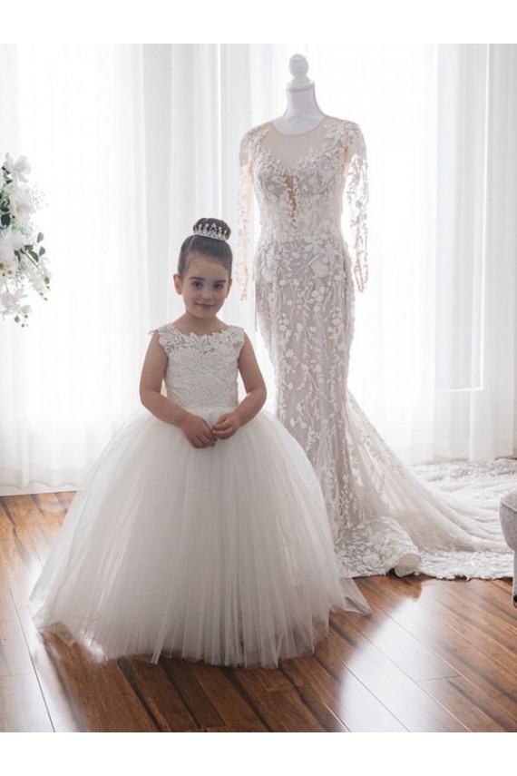 Compra Marfil Barco Cola capilla Tul Encaje Largo vestidos de niña de las flores