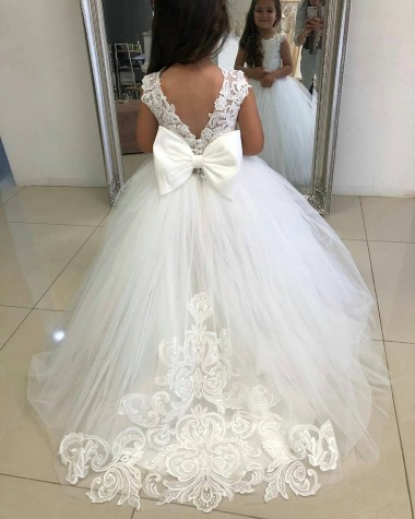 Marfil Barco Cola capilla Tul Encaje Largo vestidos de niña de las flores Venta