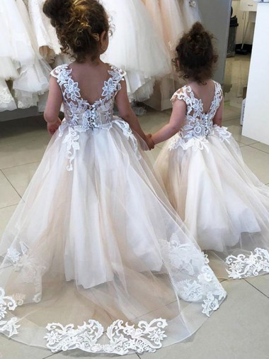 Marfil Barco Cola capilla Tul Encaje Largo vestidos de niña de las flores Venta