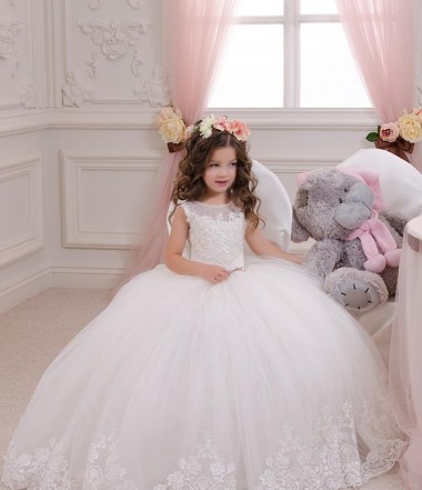 Marfil Barco Cola capilla Tul Encaje Largo vestidos de niña de las flores Venta