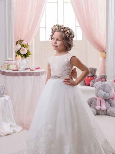 Marfil Barco Cola capilla Tul Encaje Largo vestidos de niña de las flores Venta