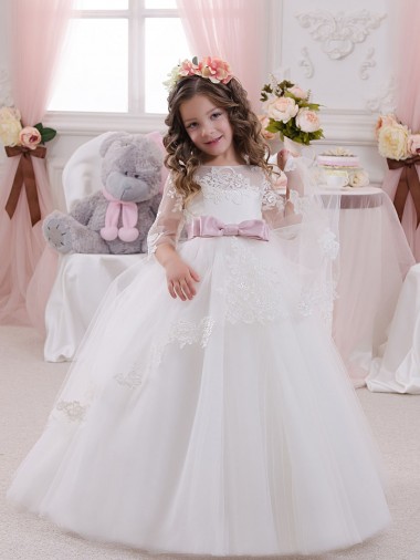 Marfil Barco Cola capilla Tul Encaje Largo vestidos de niña de las flores Venta