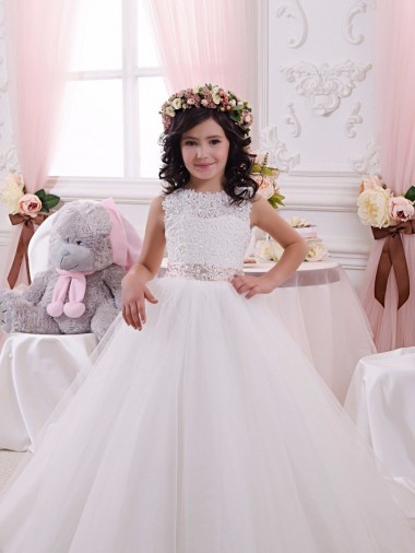 Marfil Barco Cola capilla Tul Encaje Largo vestidos de niña de las flores Venta