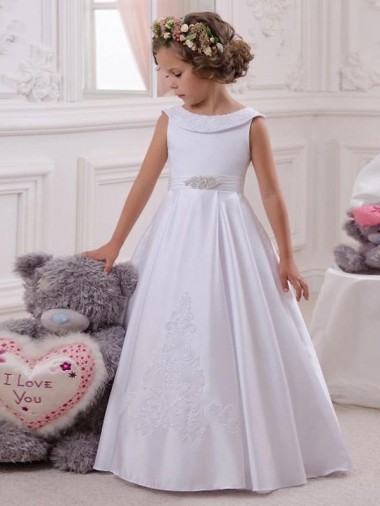 Marfil Barco Satén Encaje Largo vestidos de niña de las flores Venta