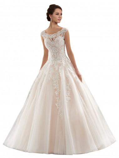 Marfil & Champán Barco Cola capilla Tul Encaje Vestidos de novia Venta
