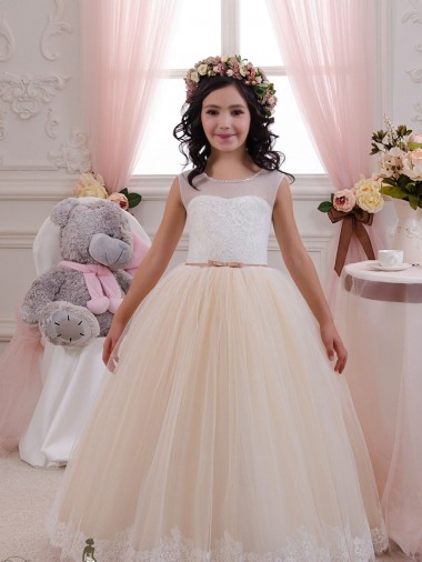 Marfil & Champán Cuello de Corazón Tul Encaje Largo vestidos de niña de las flores Venta