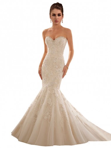 Marfil & Champán Sirena Cuello de Corazón Cola capilla Tul Encaje Vestidos de novia Venta